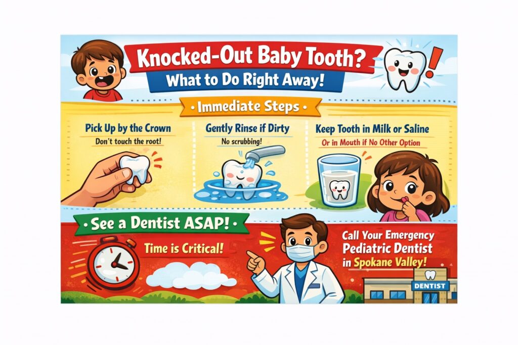 Child dental emergency steps for knocked-out baby tooth in Spokane Valley with handling, cleaning, and storage guidance